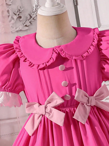 Little Girl's Romantic and Elegant Ladylike Rose-Red Princess-Style Dress, Decorated with Bows, Stylish Puff Sleeves, Suitable for Birthday Parties, Holiday Events, and Photography. Suitable for Little Girls Aged 4-7,