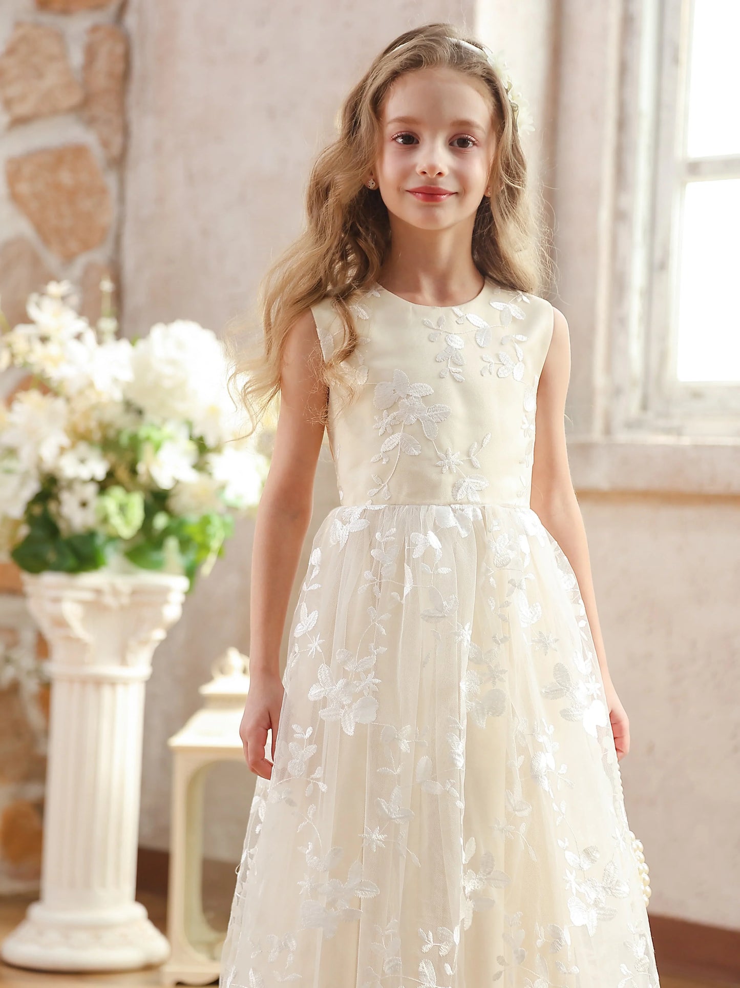 Girls Flower Girl Embroidery Flower Straight Dress Lace Daily Casual Elegant Princess Sleeveless Dresses
