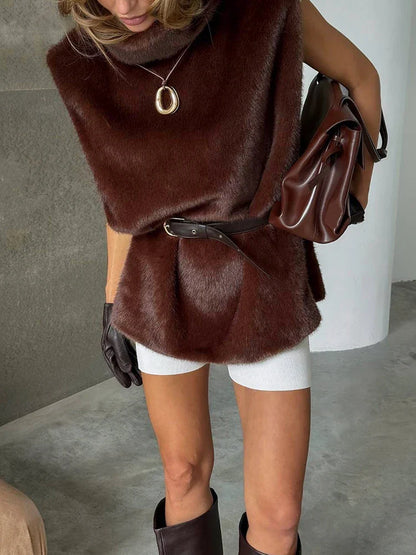 Autumn New Style Tank Tops Woman Furry Patchwork Turtleneck Daily Street Casual Simple Fashion Solid Elegant Clothing