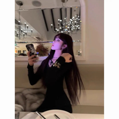 Black Sexy Back Hollow Out Women's T-shirt Goth Long Sleeve Slim 2000s Clothes Y2k Tees Female Clothing Autumn Tops Chic