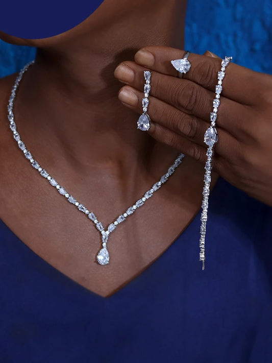 High Quality Cubic Zirconia Bridal Wedding Jewelry Water Drop Necklace Lady Pendant Four Piece Set Party Accessories