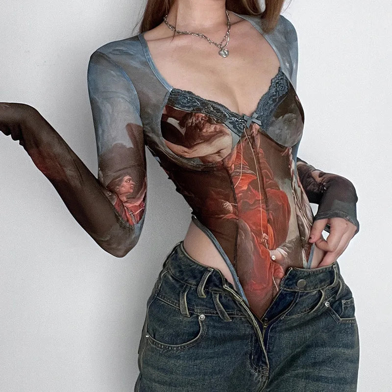Vintage Print Sexy Bodysuit Lingerie See Through Gauze Lenceria Tranparente Long Sleeve Body Feminino Square Collar Bustier Tops