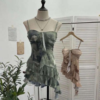 2025 Mesh Camisole for Women Stretch Casual Tie Dyeing Braless Sleeveless Adjustable Straps Asymmetrical Ruffle Tops