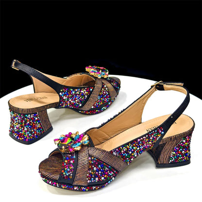 Elegant Gold Peep-Toe Heels with Diamond Accents - Italian Matching Pumps and Bag Set for Parties