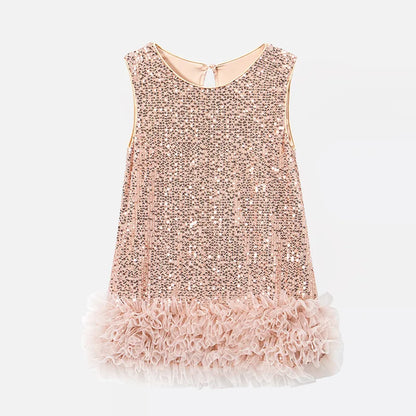 Novo Vestido Infantil Tutu de Malha Brilhante Sem Mangas Princesa para Festas Fantasia de Performance para Crianças