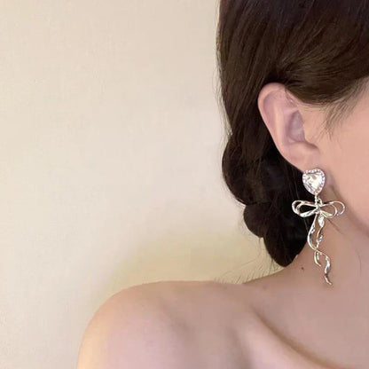 Jewelry Sweet Heart Rhinestone Butterfly Shape Dangle Earrings for Women Silver Color Korean Fashion Y2K Piercing Earring