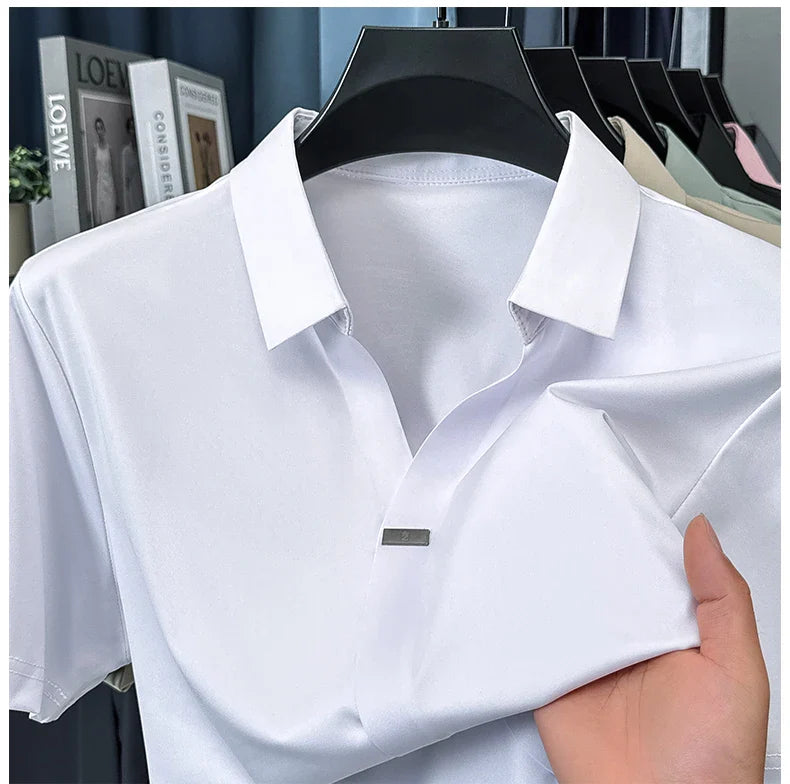 High quality ice silk short sleeve T-shirt men's lapel top trendy brand design cool silky breathable summer casual polo shirt