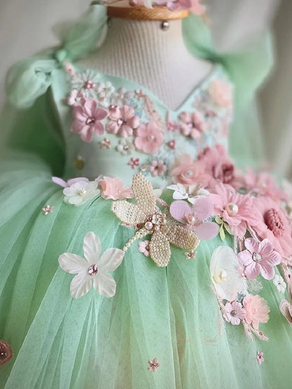 Vestido de princesa infantil borboleta com asas de malha fofa para meninas de 2 a 6 anos, vestido elegante para festa de aniversário com flores