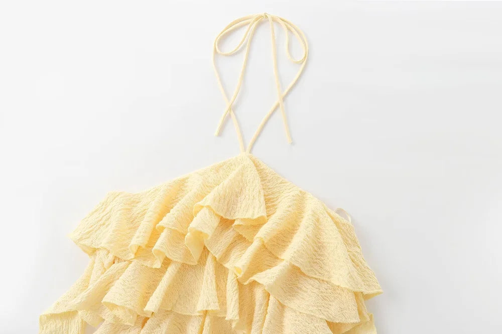 Textured halter crop top with ruffles Women's short yellow sleeveless top with sexy streamers for summer 2025 ETJ