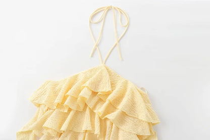 Textured halter crop top with ruffles Women's short yellow sleeveless top with sexy streamers for summer 2025 ETJ