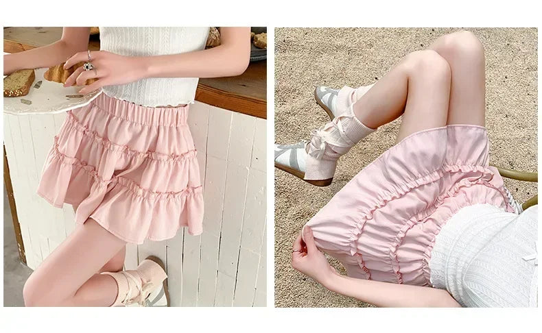Elegant pink mini dress new summer thin style French ballet design cake skirt lace edge WOMEN'S JK skirt