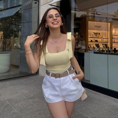 Sexy Chic Yellow Bow Tops Women Zipper Tie Up Slim Short Cami Tops Women Fashion 2025 Summer Elegant Y2K Girl Blouses