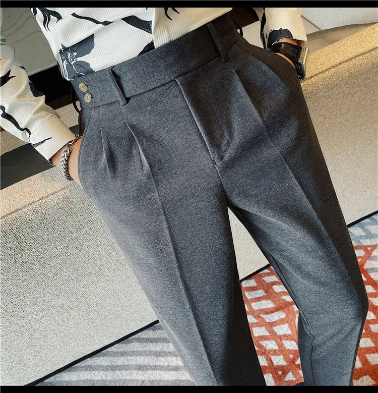 Men's Slim Fit Naples Business Casual Trousers Made of Autumn and Winter Wool, Thickened for Warmth, Classic Ankle-length Pants.