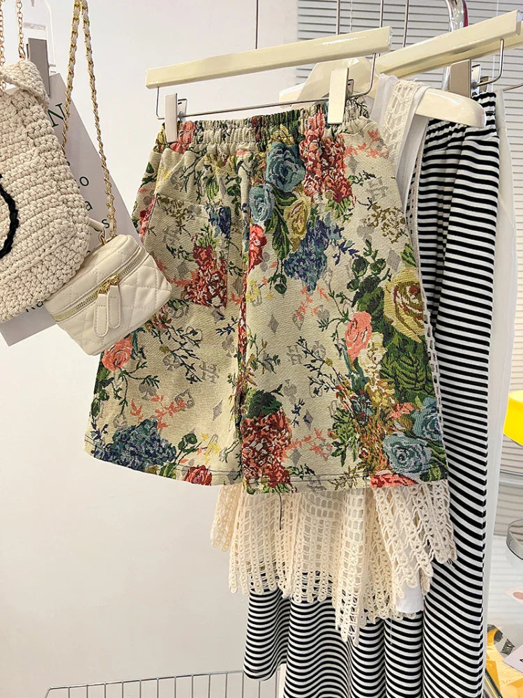 Plus Size 150kg Women's High Waist Shorts Jacquard Weave Artistic Aesthetics Wide Leg Short Y2k 2024 New Summer Cool Sport Short