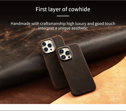 Magsafe Case for iPhone 15 16 17 Pro Max Air Retro Luxury Full Grain Cowhide Genuine Oiled PULL-UP Leather Magnetic Cover