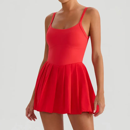 Women's Summer Sleeveless Sports Dress Breathable Tennis Dress One-Piece Mini Skirt Golf Skirts Jumpsuit With Pockets