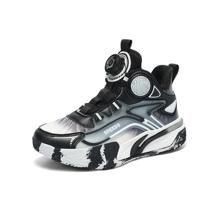 Children's basketball shoes boys' waterproof leather surface rotating buckle anti-slip and shock-absorbing student sports shoes