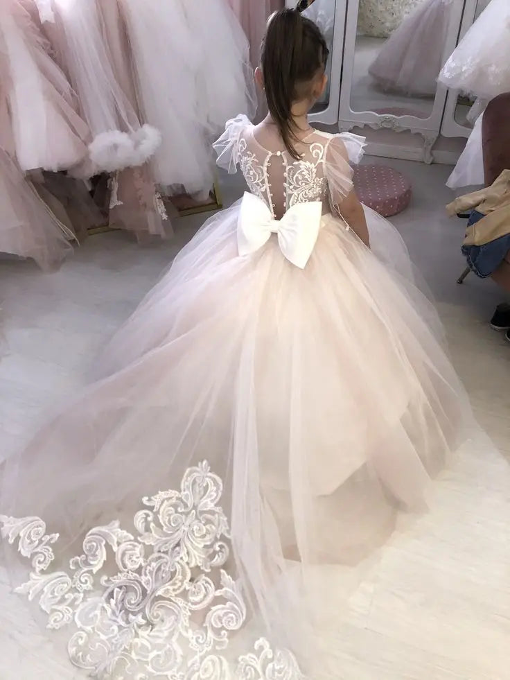 Pretty Dress Pink Flower Girl Dress Princess Lace Floral Appqulies Tulle Fluffy Skirt Floor Length Ball Gowns Comuunion Party