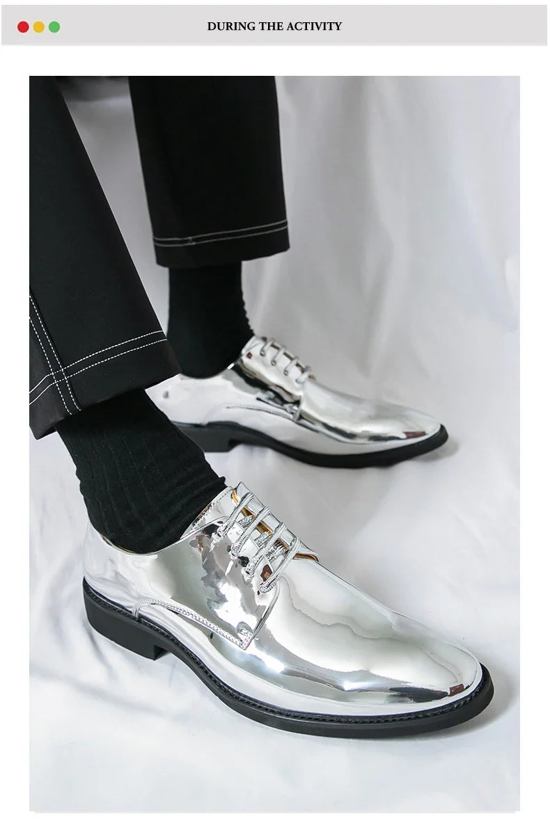 Luxury Silver Dress Shoes Man Patent Leather Shoes Large Size 50 Wedding Shoes Men Pointed toe Party Shoes Designer Formal Shoes