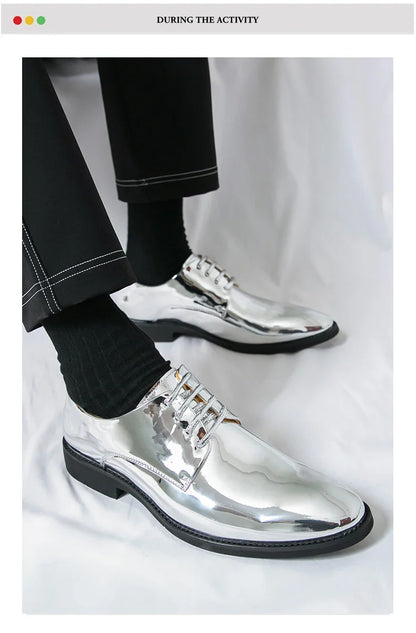 Luxury Silver Dress Shoes Man Patent Leather Shoes Large Size 50 Wedding Shoes Men Pointed toe Party Shoes Designer Formal Shoes