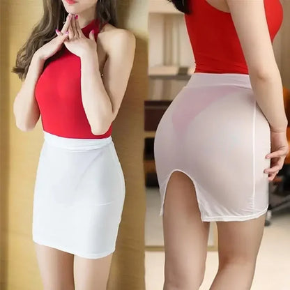 Elastic Wrap Mini Skirt for Women High Wiast Sexy Short White Black Long Tight Silk Pencil Skirts See Through Nightwear Clubwear