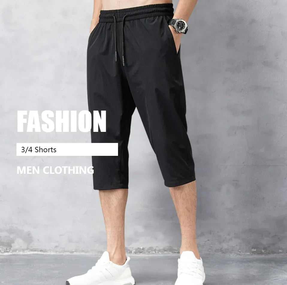 3/4 Length Men's Shorts Quick Drying Ice Silk Summer Breeches Male Long Calf Bermuda Board Beach Elastic Big Size Nylon Stretch