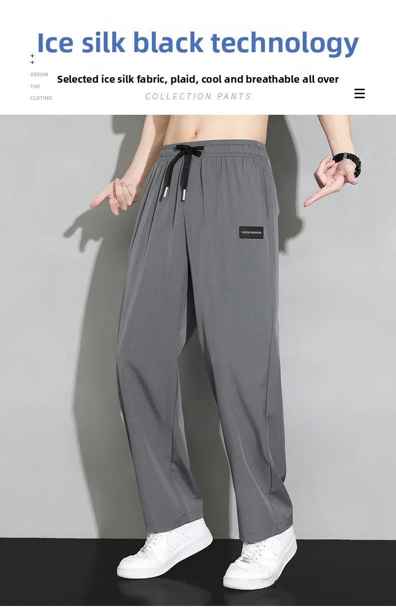 Men Drawstring Casual Pants Loose Drape Wide-leg Athleisure Pants Men Summer Thin Quick-drying Trousers Ice Silk Straight Pants