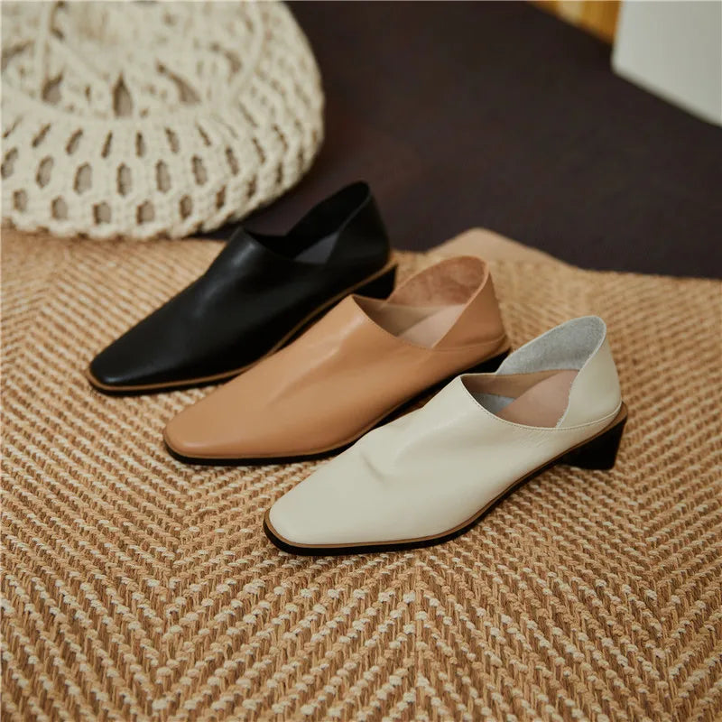 2025 Hot Sale slip-on Genuine Leather Women Pumps Square Toe Med Thick Heels Soft Upper Pumps Office Ladies Dress Shoes