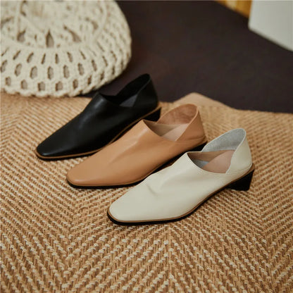 2025 Hot Sale slip-on Genuine Leather Women Pumps Square Toe Med Thick Heels Soft Upper Pumps Office Ladies Dress Shoes