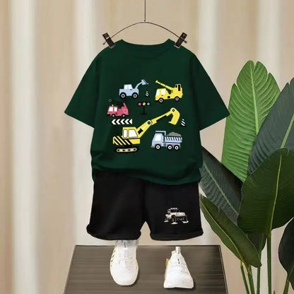 Summer Baby Girl Boy Clothes Set Children Excavator Cartoon Printing T-shirt and Short 2 Pieces Suit Kid Shorts Sleeve Tracksuit