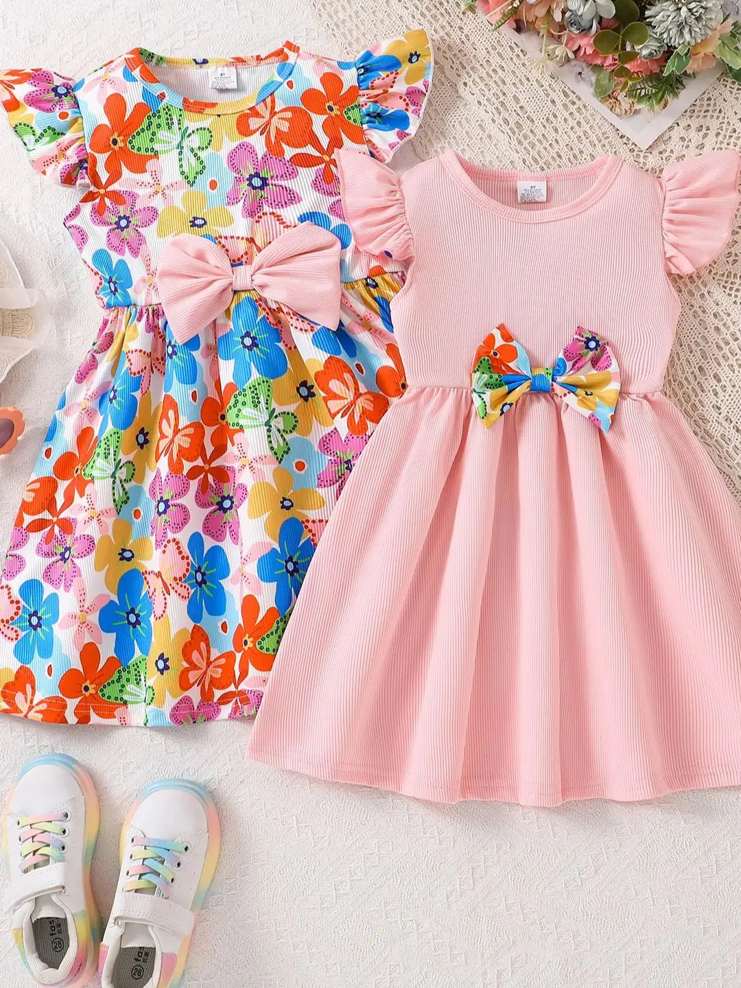 2-Pack - Girls' Fashionable Summer Dresses, Children's Clothing, Floral Butterfly Print, Round Neck, Flutter Sleeves, Waist-Cinching, Bowknot, Mid-Length Dress, Summer Wear, Simple and Comfortable Casual Versatile Youthful Ch