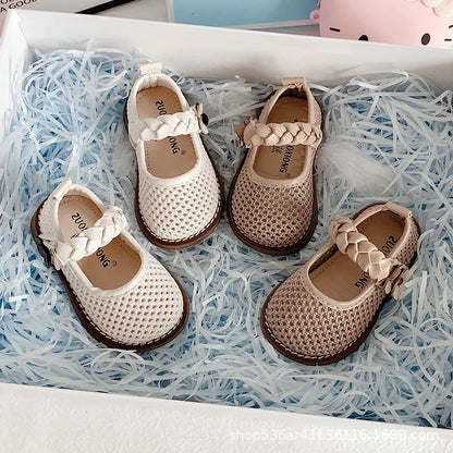 Girls Walking Shoes Lace Mesh Bows Kids Princess Shoes Non-slip Shiny Sequins 2025 New Children Flat Shoes Soft Sole Non-slip
