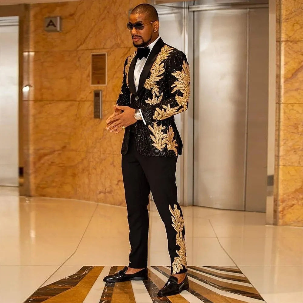 Men's Gold Sequin Applique Fashion Trend Suit Set High-Quality Casual Jacket And Western Pants Two-Piece Ensemble