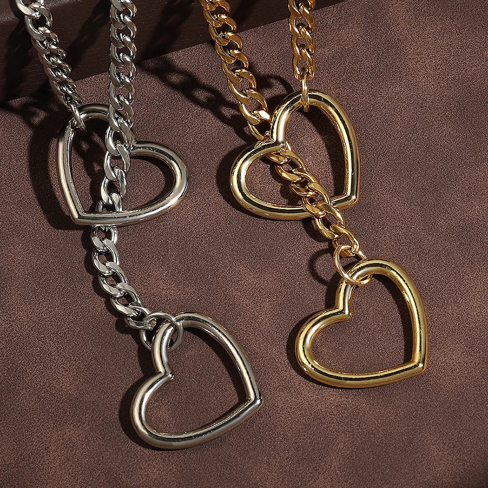 Adjustable Stainless Steel Cuban Link Necklace Hollow Heart Y-Shaped Necklace Punk Rock Style Party Accessories