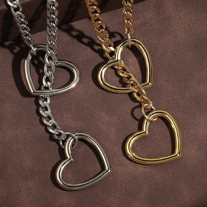 Adjustable Stainless Steel Cuban Link Necklace Hollow Heart Y-Shaped Necklace Punk Rock Style Party Accessories