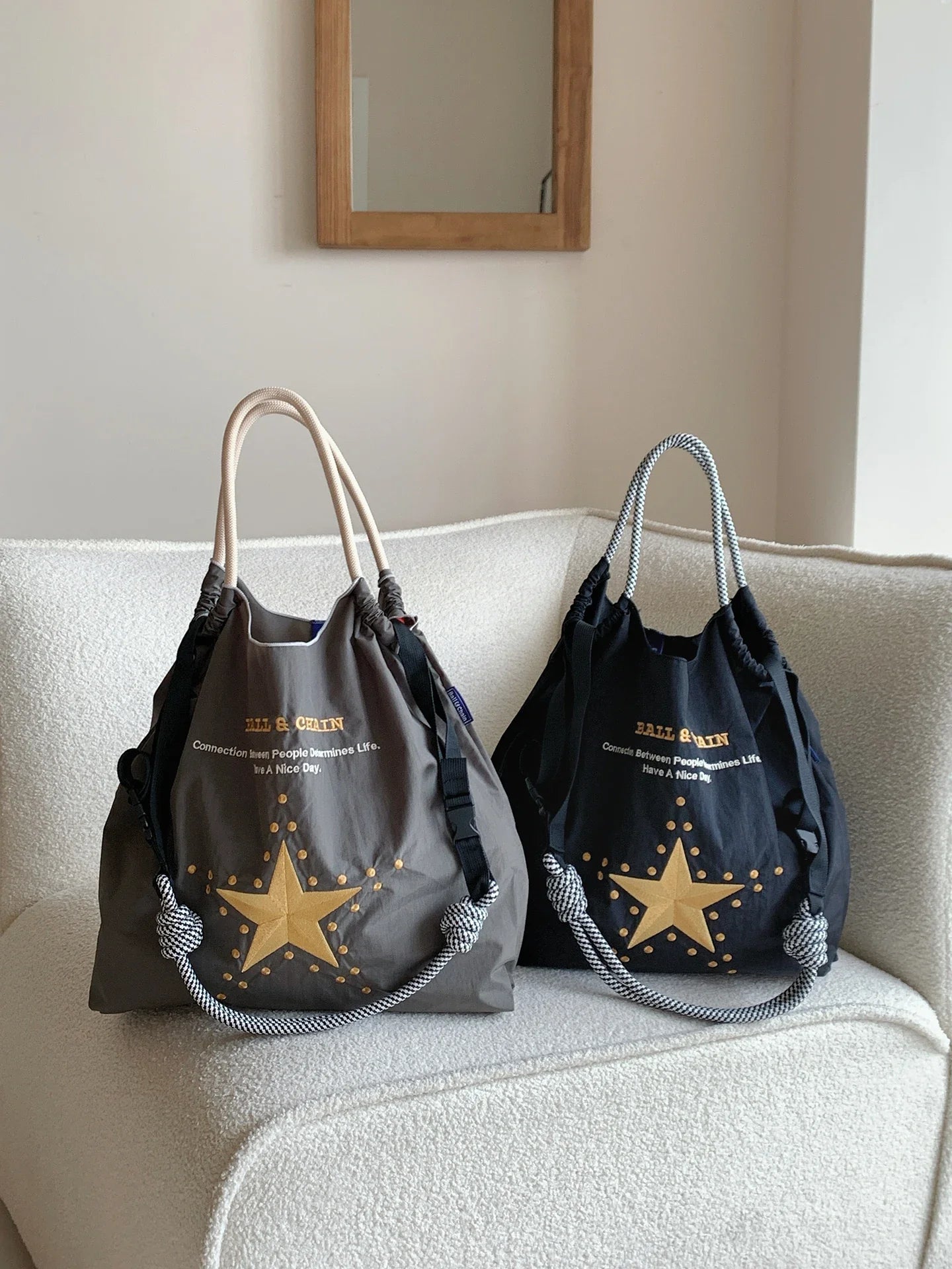 New Japanese-Style Embroidered Shopping Bag Y2K Style Large Five-Pointed Star Design Women's Shoulder Bag Lightweight Tote Bag Foldable Storage Suitable for Shopping Leisure Holiday Parties