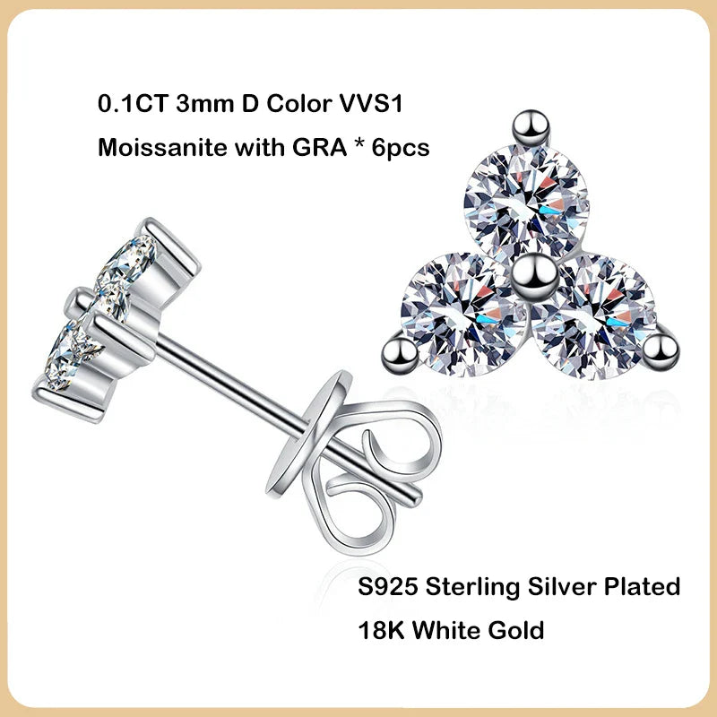 New In 3-Stone 0.1CT Moissanite Stud Earrings For Women Party Wedding Fine Jewelry S925 Sterling Silver Diamond Earring