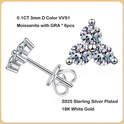 New In 3-Stone 0.1CT Moissanite Stud Earrings For Women Party Wedding Fine Jewelry S925 Sterling Silver Diamond Earring