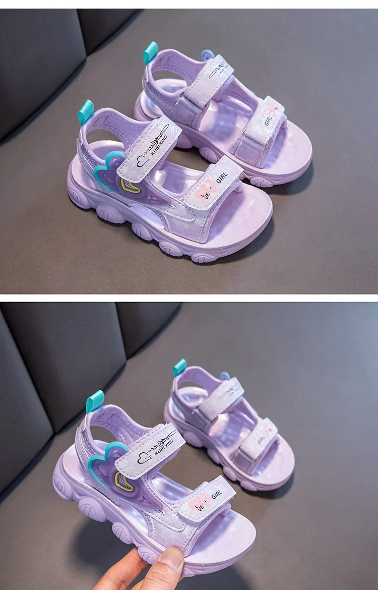 2026 New Summer Girls Sports Sandals Love Heart Decor Soft Non-Slip Beach Sandals For 3-12 Years Old Kids