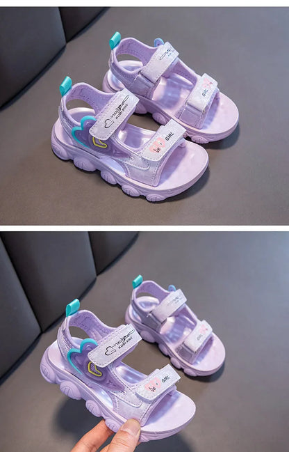 2026 New Summer Girls Sports Sandals Love Heart Decor Soft Non-Slip Beach Sandals For 3-12 Years Old Kids