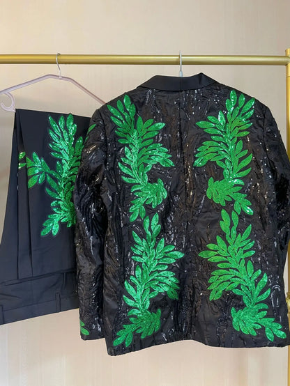 Men's Gold Sequin Applique Fashion Trend Suit Set High-Quality Casual Jacket And Western Pants Two-Piece Ensemble