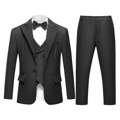 Vintage 4-Piece Suit Set for Boys 3-14 Years, Black Peak Laple Kids Formal Tuxedo Set, Blazer Vest Pants Bow-tie Graduation Suit
