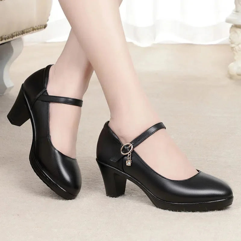 women fashion round toe buckle strap patent leather office high heel shoes lady classic wine red shoes  ba05
