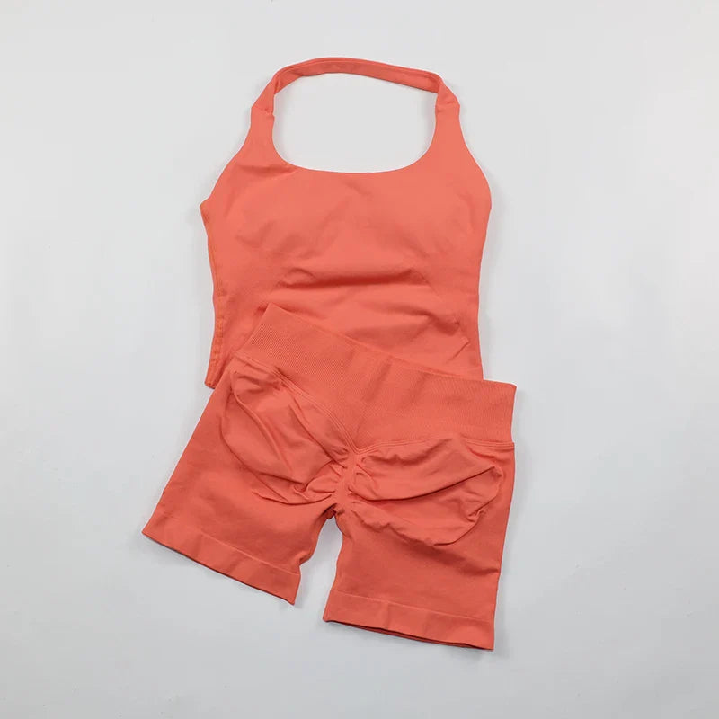 Seamless Yoga Set Womens Backless Halter Tank Top Ribbed Waist Gym Shorts 2 Piece Sets Women Outfit Workout Clothes