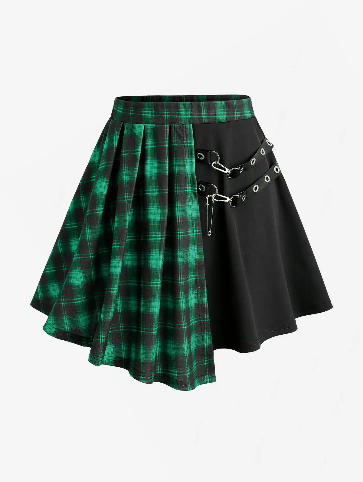 Plus Size Plaid Patchwork Grommets PU Leather Stripes Asymmetrical Skirt Female Casual Large Size Women Y2K Skirts