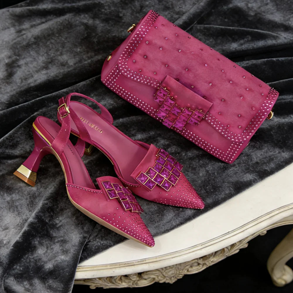 Mineral Blue Rhinestone High Heel Shoes & Matching Bag Fashionable Pointed-Toe Footwear for Women - Perfect for Parties
