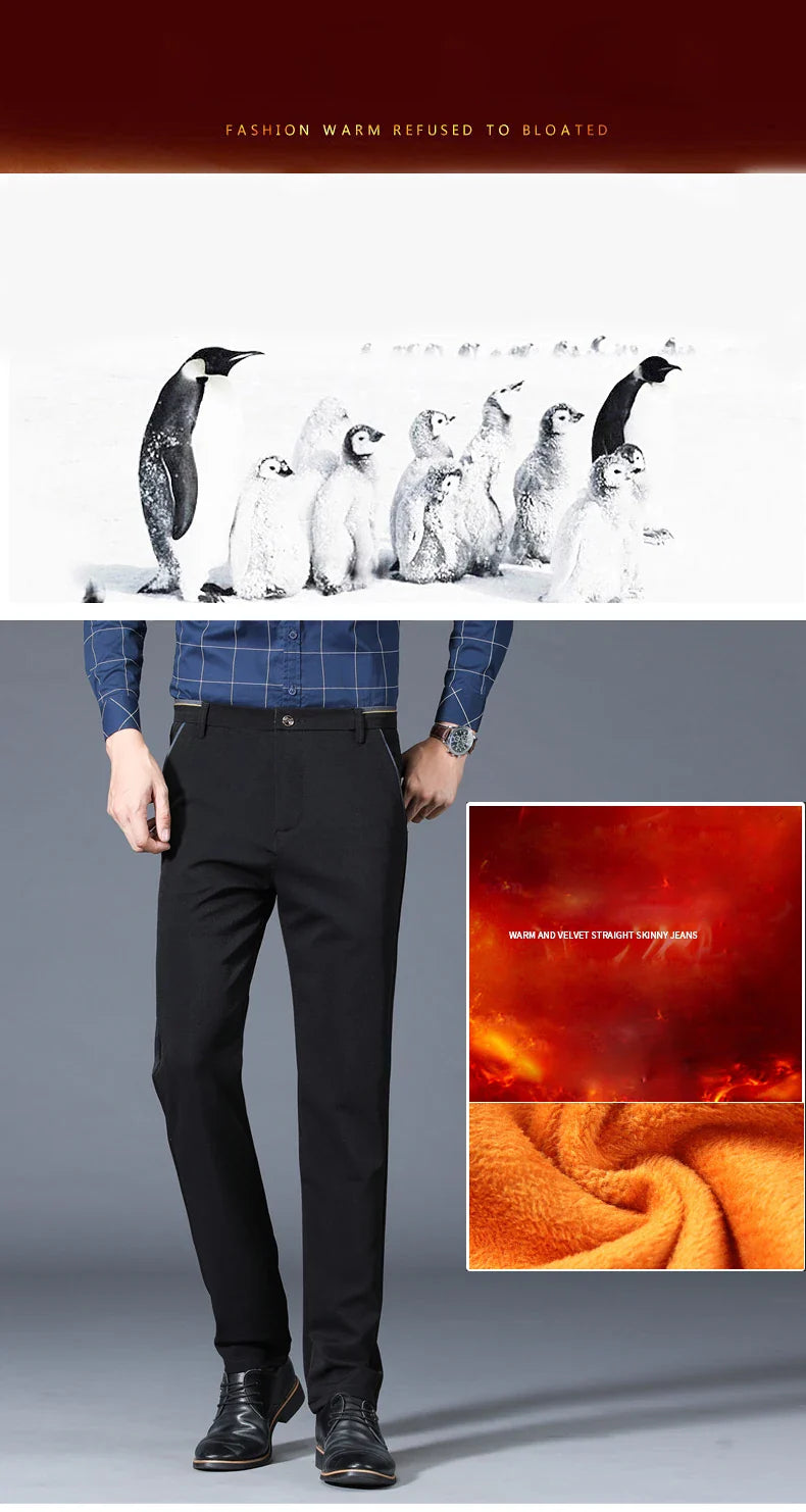 Winter New Classic Men's Fleece Casual Pants Thickened Straight Slim Warm Business Casual Office Male Velvet Trousers