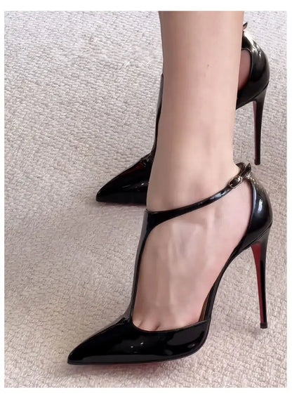 Novos scarpins vazados em T com biqueira, sandálias com salto fino e sapatos de bico fino vazados sexy de boca rasa