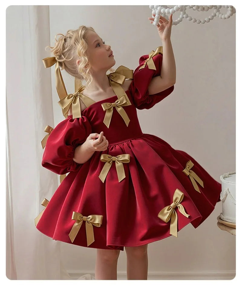 2-8Y Kids Girls Skirt Little Girls Puff-Sleeve Princess Dress Birthday Party Piano Host Performance Dress Belle Ball Gown