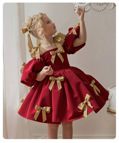2-8Y Kids Girls Skirt Little Girls Puff-Sleeve Princess Dress Birthday Party Piano Host Performance Dress Belle Ball Gown